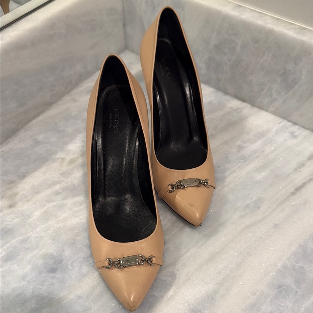 Gucci Tan Heels with Metal Detail